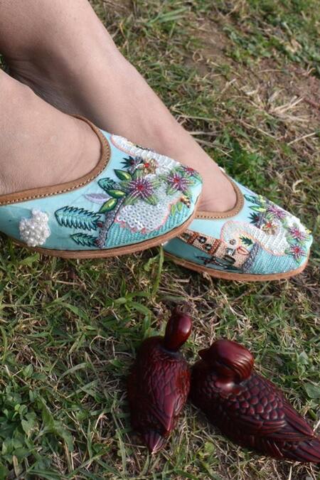 Kasually Klassy Blue Leather Embroidered Juttis Online at Aza Fashions Kasually Klassy_Blue Leather Embroidered Juttis_Online_at_Aza_Fashions