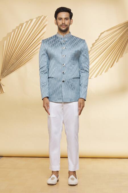 Buy_Nero By Shaifali And Satya_Grey Jodhpuri Jacquard, Pant Suiting Fabric Geometric Pattern And Set_Online_at_Aza_Fashions