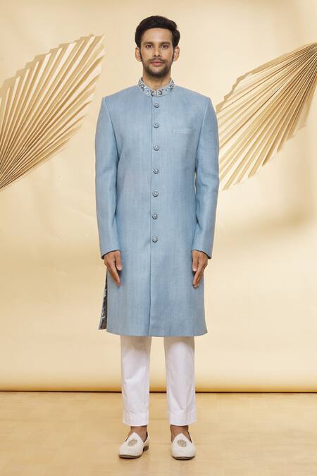 Buy_Nero By Shaifali And Satya_Green Silk Textured Sherwani Set_Online_at_Aza_Fashions