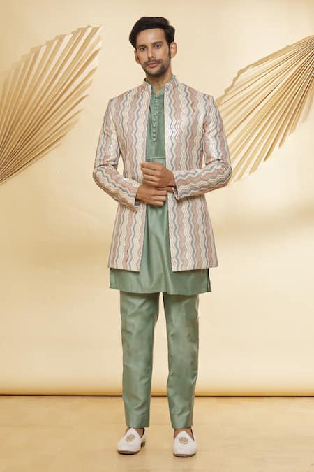Latest Designer Art Banarasi Silk Aligadhi Pant 3 Pcs Jacket Set Collection  Catalog