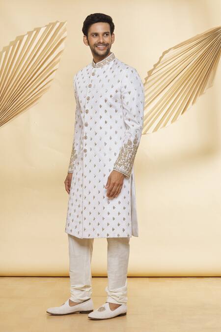 Nero By Shaifali And Satya_White Pant , Sherwani Soft Zardozi Embroidered Set_Online_at_Aza_Fashions