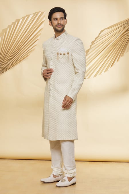 Nero By Shaifali And Satya_Ivory Churidar Silk, Sherwani Lucknowi Floral Jaal Pattern Set _Online_at_Aza_Fashions