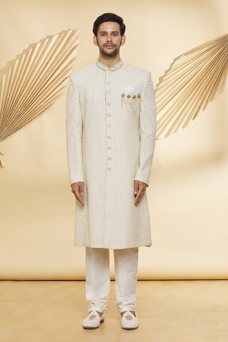 Buy_Nero By Shaifali And Satya_Ivory Churidar Silk, Sherwani Lucknowi Floral Jaal Pattern Set _Online_at_Aza_Fashions