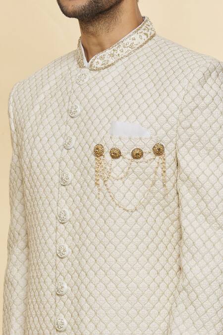 Shop_Nero By Shaifali And Satya_Ivory Churidar Silk, Sherwani Lucknowi Floral Jaal Pattern Set _Online_at_Aza_Fashions