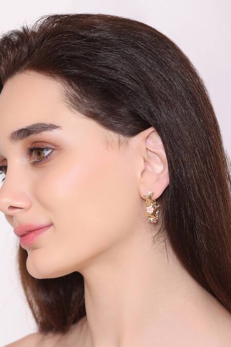 Shop Brashbug Multi Color Stone Hand Painted Floral Hoop Earrings at Aza Fashions Shop_Brashbug_Multi Color Stone Hand Painted Floral Hoop Earrings_at_Aza_Fashions