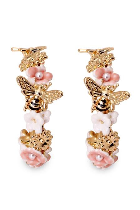 Brashbug Multi Color Stone Hand Painted Floral Hoop Earrings Online at Aza Fashions Brashbug_Multi Color Stone Hand Painted Floral Hoop Earrings_Online_at_Aza_Fashions