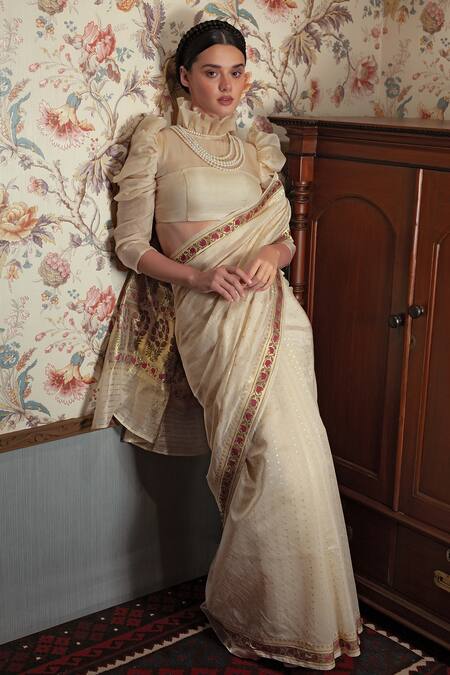 Shimai Jayachandra Cream Silk Cotton Mughal Garden Embroidered Saree