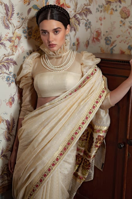 Shimai Jayachandra_Cream Mughal Garden Embroidered Saree _Online_at_Aza_Fashions