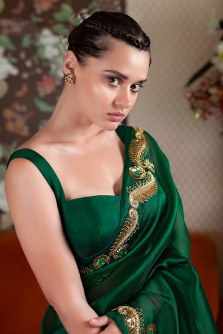 Shimai Jayachandra_Green Silk Organza Floral, Leaf, Sequin Jaipur Embroidered Saree _Online_at_Aza_Fashions