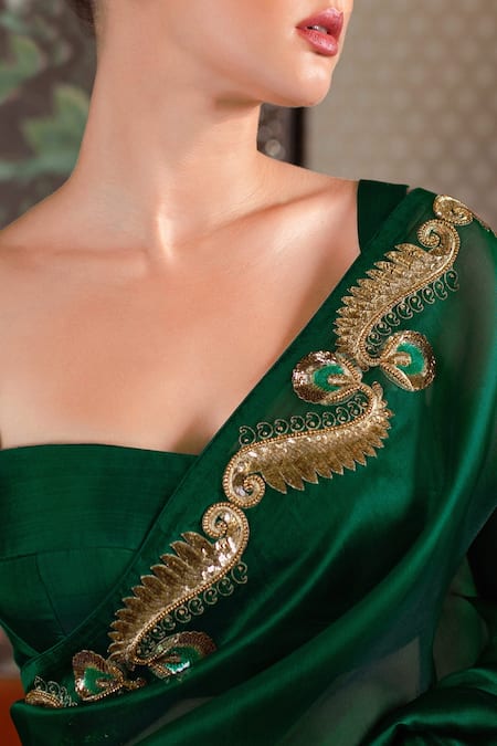 Shop_Shimai Jayachandra_Green Silk Organza Floral, Leaf, Sequin Jaipur Embroidered Saree _Online_at_Aza_Fashions