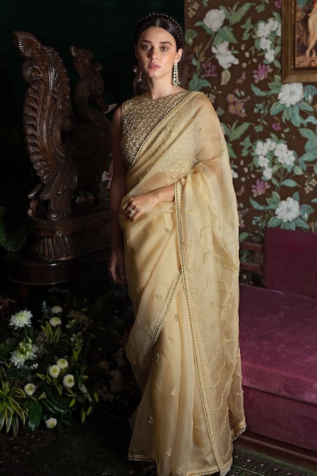 Shimai Jayachandra Beige Silk Organza Embroidery Pearl Jaisalmer Saree 