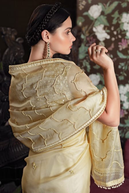 Shop_Shimai Jayachandra_Beige Silk Organza Floral, Pearl, Zardozi Jaisalmer Embroidered Saree _at_Aza_Fashions