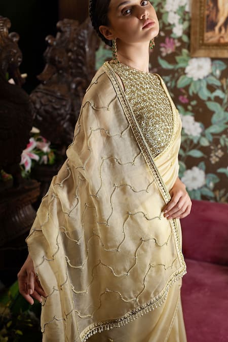 Shop_Shimai Jayachandra_Beige Silk Organza Floral, Pearl, Zardozi Jaisalmer Embroidered Saree _Online_at_Aza_Fashions