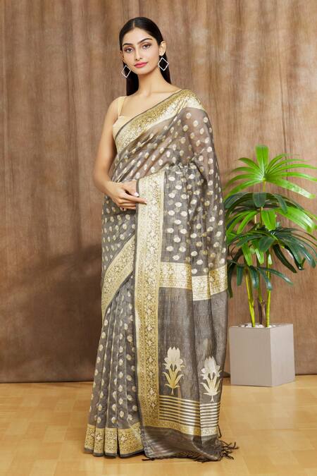 Shimai Jayachandra_Grey Silk Organza Floral Awadh Embroidered Saree _Online_at_Aza_Fashions