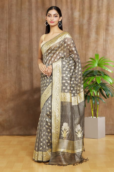 Shop_Shimai Jayachandra_Grey Silk Organza Floral Awadh Embroidered Saree _Online_at_Aza_Fashions