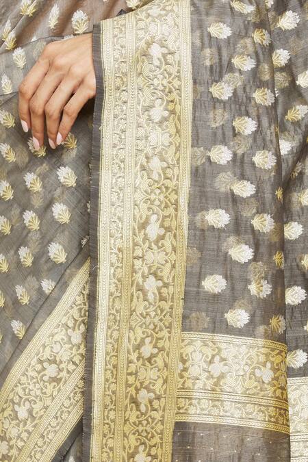 Shimai Jayachandra_Grey Silk Organza Floral Awadh Embroidered Saree _at_Aza_Fashions