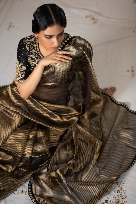 Shop_Shimai Jayachandra_Black Chanderi Silk Tissue Stripe Pattern Saree _Online_at_Aza_Fashions