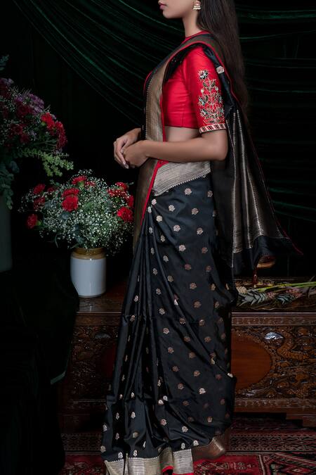 Black and Red Maple Leaf Tussar Silk Saree – Sharvari's