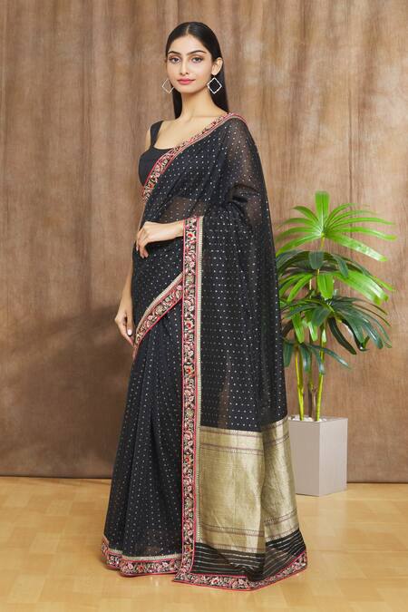 Shimai Jayachandra_Black Cotton, Banarasi Silk Sequin, Zardozi Starry Night Embroidered Saree _Online_at_Aza_Fashions