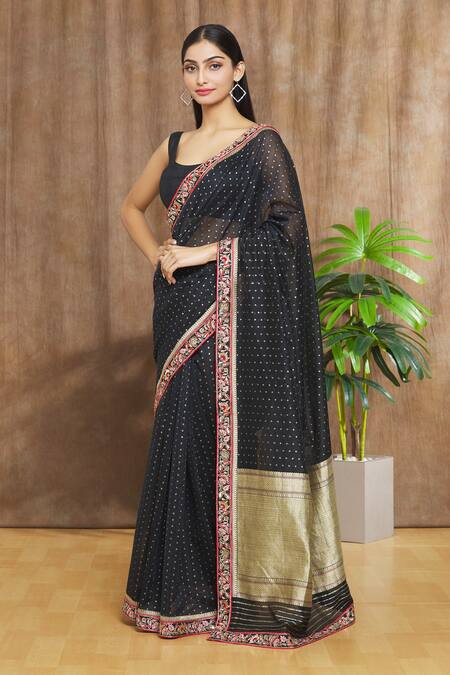 Buy_Shimai Jayachandra_Black Cotton, Banarasi Silk Sequin, Zardozi Starry Night Embroidered Saree _Online_at_Aza_Fashions