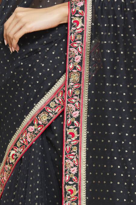 Shop_Shimai Jayachandra_Black Cotton, Banarasi Silk Sequin, Zardozi Starry Night Embroidered Saree _Online_at_Aza_Fashions