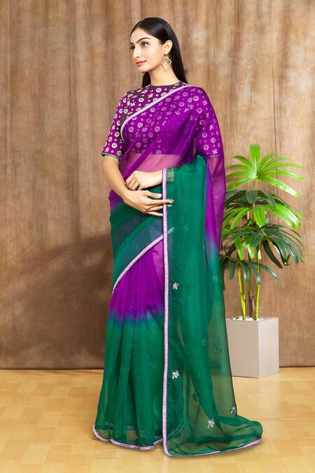 Shimai Jayachandra_Purple Silk Organza Leaf Ombre Sky Saree _Online_at_Aza_Fashions