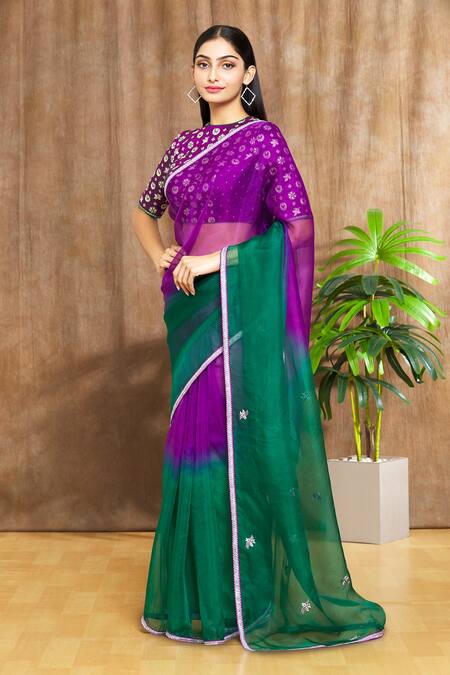 Buy_Shimai Jayachandra_Purple Silk Organza Leaf Ombre Sky Saree _Online_at_Aza_Fashions