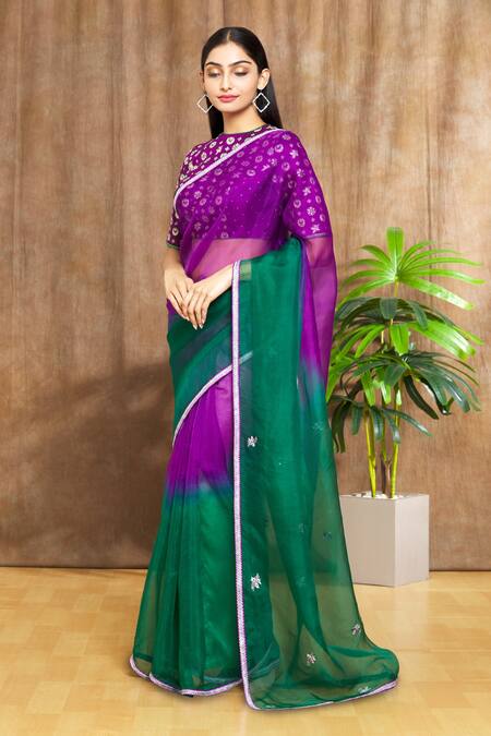 Shop_Shimai Jayachandra_Purple Silk Organza Leaf Ombre Sky Saree _Online_at_Aza_Fashions