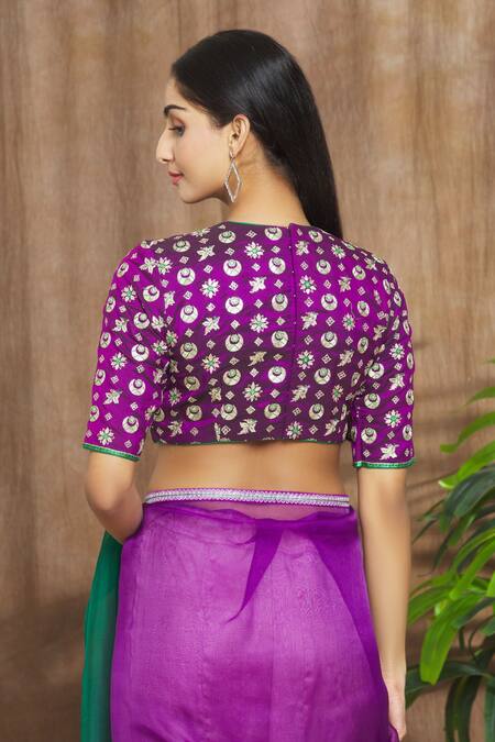 Shop_Shimai Jayachandra_Purple Silk Crescent Moon, Leaves, Star, Sunflower Cosmic Embroidered Blouse _at_Aza_Fashions