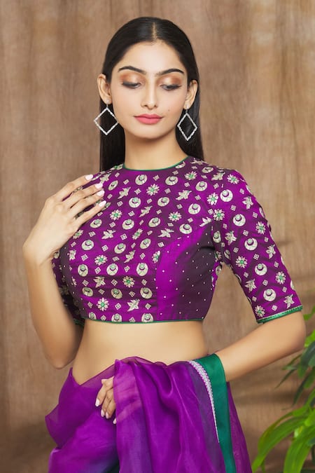 Shimai Jayachandra_Purple Silk Crescent Moon, Leaves, Star, Sunflower Cosmic Embroidered Blouse _Online_at_Aza_Fashions