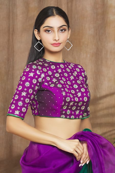 Buy_Shimai Jayachandra_Purple Silk Crescent Moon, Leaves, Star, Sunflower Cosmic Embroidered Blouse _Online_at_Aza_Fashions