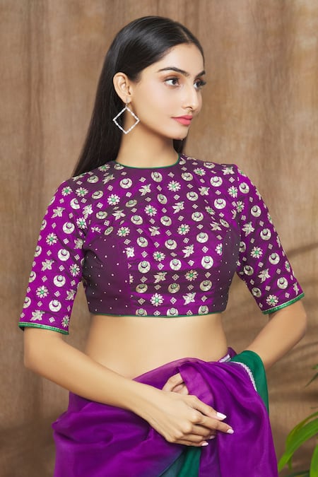 Shop_Shimai Jayachandra_Purple Silk Crescent Moon, Leaves, Star, Sunflower Cosmic Embroidered Blouse _Online_at_Aza_Fashions