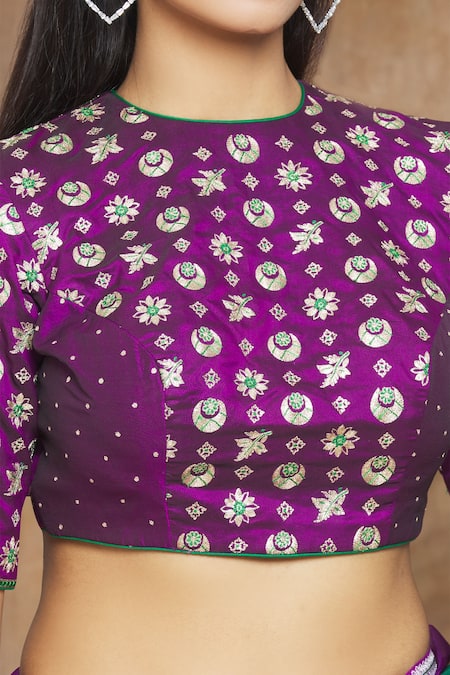 Shimai Jayachandra_Purple Silk Crescent Moon, Leaves, Star, Sunflower Cosmic Embroidered Blouse _at_Aza_Fashions