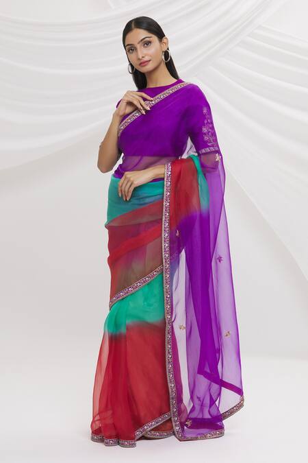 Shimai Jayachandra_Red Silk Organza Floral Colors Of Love Ombre Saree_Online_at_Aza_Fashions