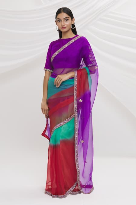 Buy_Shimai Jayachandra_Red Silk Organza Floral Colors Of Love Ombre Saree_Online_at_Aza_Fashions