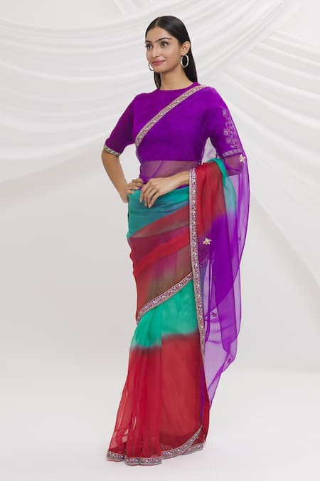 Shop_Shimai Jayachandra_Red Silk Organza Floral Colors Of Love Ombre Saree_Online_at_Aza_Fashions