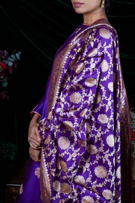 Shimai Jayachandra_Purple Banarasi Silk Floral, Marigold Woven Dupatta _Online_at_Aza_Fashions