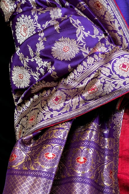 Shimai Jayachandra_Purple Banarasi Silk Floral, Marigold Woven Dupatta _at_Aza_Fashions