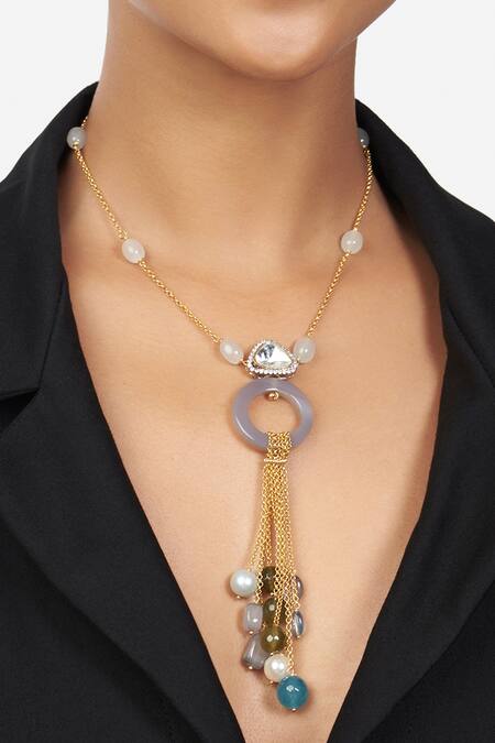 Buy_Joules by Radhika_Gold Plated Agate Stones Chain Tassel Necklace_Online_at_Aza_Fashions