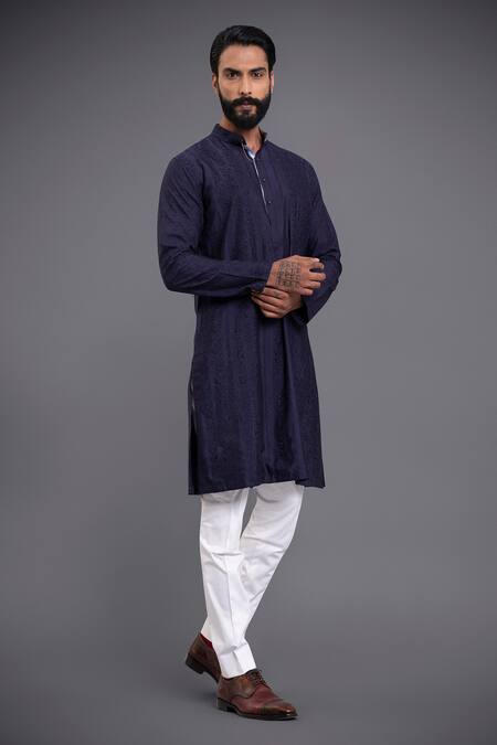Raghavendra Rathore Jodhpur Blue Silk Linear Embroidered Kurta Online at Aza Fashions Raghavendra Rathore Jodhpur_Blue Silk Linear Embroidered Kurta _Online_at_Aza_Fashions