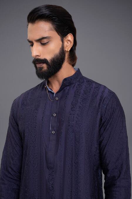 Buy Raghavendra Rathore Jodhpur Blue Silk Linear Embroidered Kurta Online at Aza Fashions Buy_Raghavendra Rathore Jodhpur_Blue Silk Linear Embroidered Kurta _Online_at_Aza_Fashions