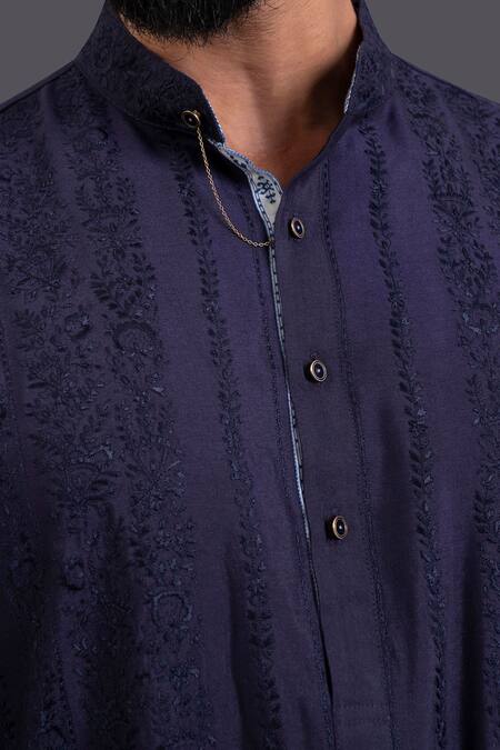 Shop Raghavendra Rathore Jodhpur Blue Silk Linear Embroidered Kurta Online at Aza Fashions Shop_Raghavendra Rathore Jodhpur_Blue Silk Linear Embroidered Kurta _Online_at_Aza_Fashions