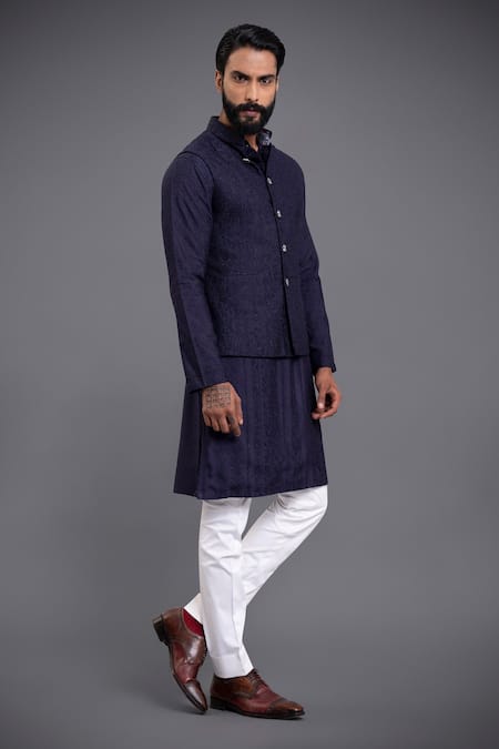 Raghavendra Rathore Jodhpur Blue Waistcoat And Kurta - Silk Embroidery Linear Set 