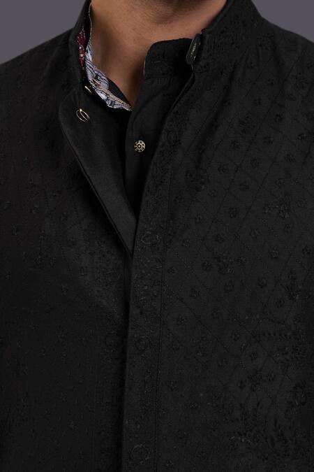 Raghavendra Rathore Jodhpur_Black Silk Floral, Geometric Embroidered Waistcoat_at_Aza_Fashions