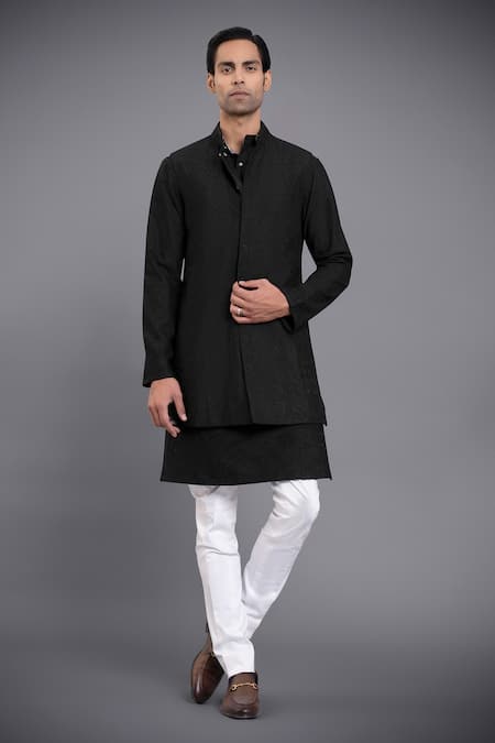 Raghavendra Rathore Jodhpur Black Waistcoat And Kurta - Silk Embroidery Thread And Set 