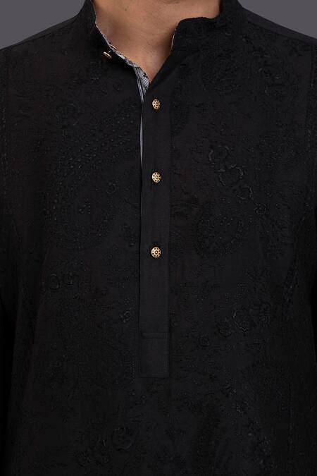 Raghavendra Rathore Jodhpur_Black Jodhpuri Breeches - Cotton, Waistcoat And Kurta - Silk Embroidered And Set_Online_at_Aza_Fashions