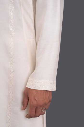 Buy_Raghavendra Rathore Jodhpur_Off White Silk Floral Aligarhi Embroidered Kurta_Online_at_Aza_Fashions