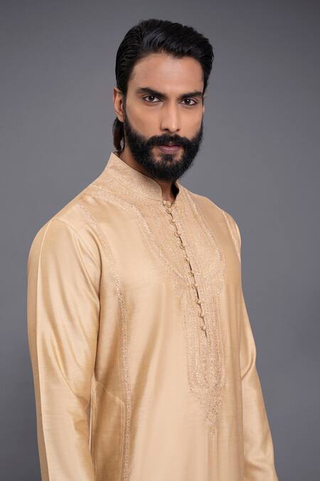 Raghavendra Rathore Jodhpur_Gold Silk Floral Aligarhi Embroidered Kurta_Online_at_Aza_Fashions