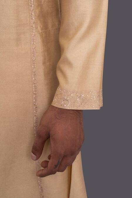 Buy_Raghavendra Rathore Jodhpur_Gold Silk Floral Aligarhi Embroidered Kurta_Online_at_Aza_Fashions