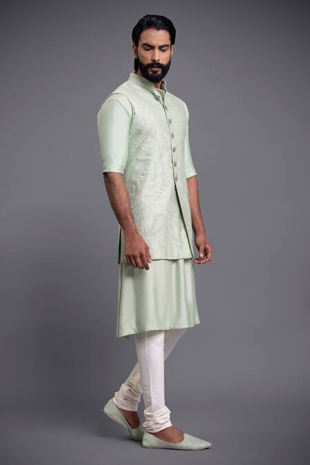 Raghavendra Rathore Jodhpur_Green Silk Floral, Paisley Embroidered Waistcoat_Online_at_Aza_Fashions